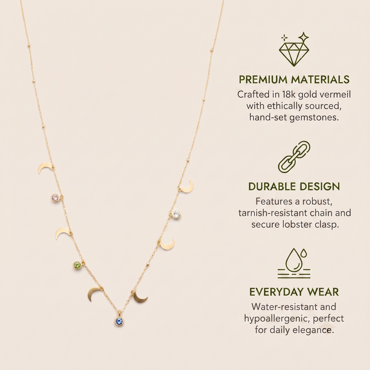 Celestial Moon & Stone Charm Necklace Necklaces