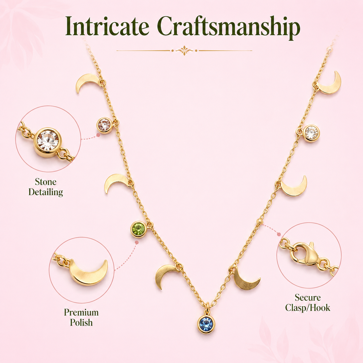 Celestial Moon & Stone Charm Necklace Necklaces